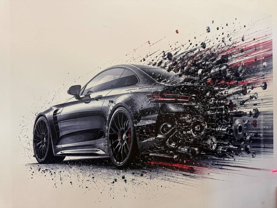 Mașină sport care se destramă în piese, printată pe un perete alb