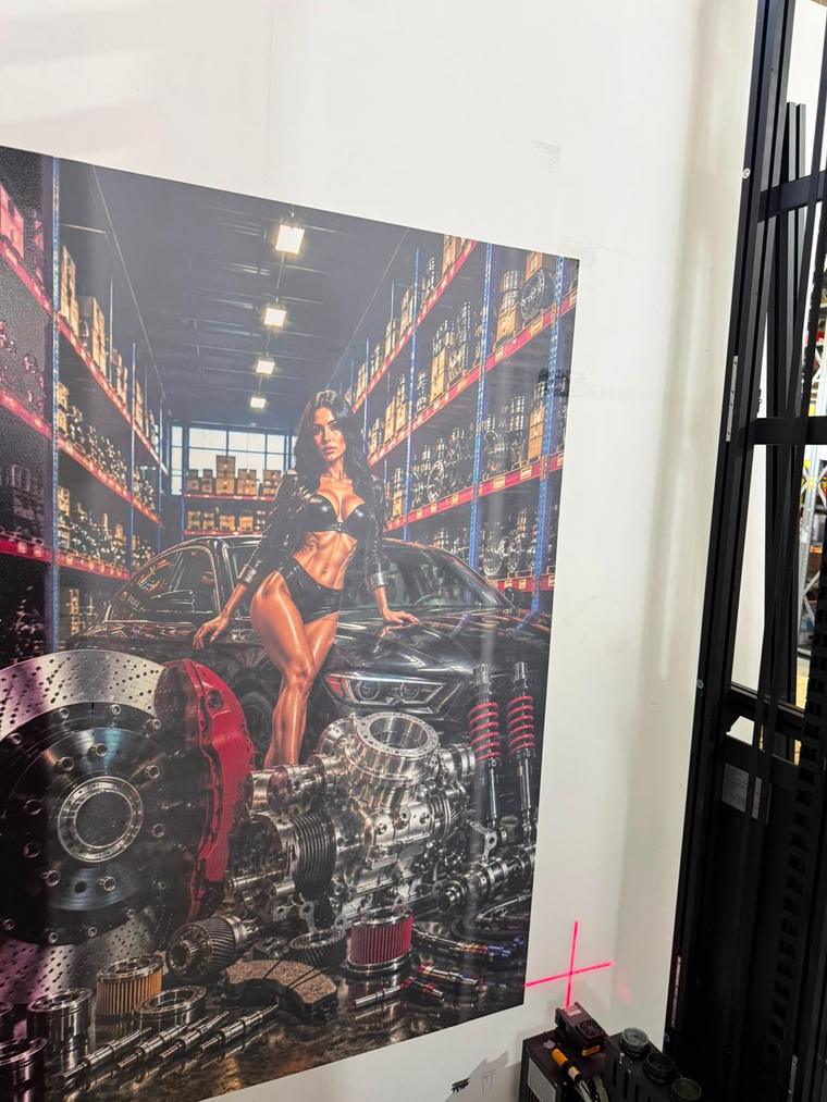 Perete întreg printat cu o grafică de piese auto, într-un depozit